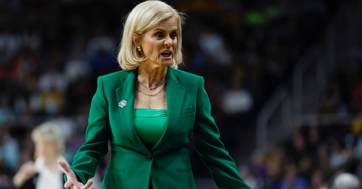 LSU head coach Kim Mulkey during the first half against the Iowa Hawkeyes in the Elite 8 round of the NCAA Women's Basketball Tournament on April 1, 2024 