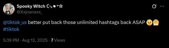 X post about TikTok hashtags limits.