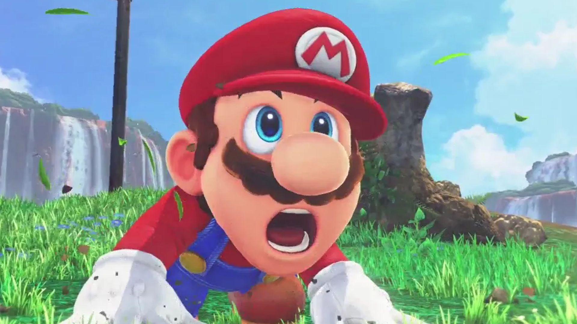 Close-up of a surprised Mario in 'Super Mario Odyssey.'