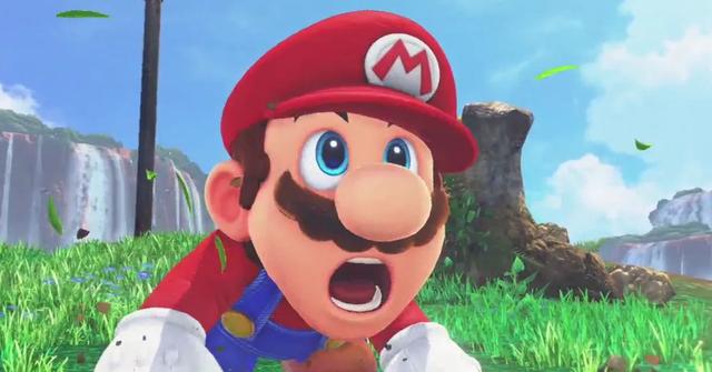 Close-up of a surprised Mario in 'Super Mario Odyssey.'
