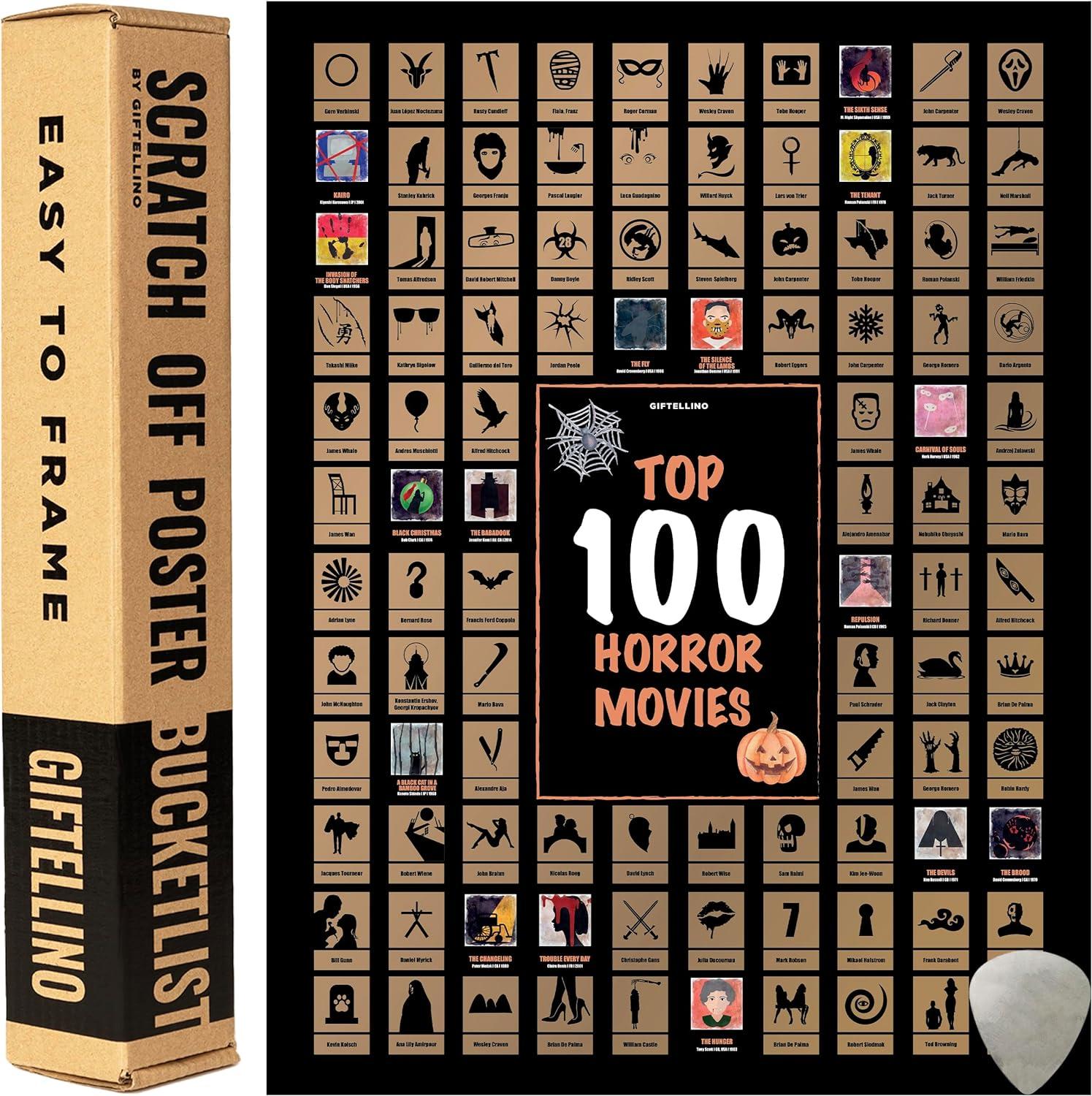 A black and tan poster with scratch offs over 100 different horror movies.