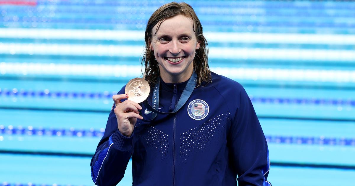 Bronze Medalist, Katie Ledecky of Team United States poses with her medal following the Medal Ceremony after the Women's 400m Freestyle Final on day one of the Olympic Games Paris 2024 at Paris La Defense Arena on July 27, 2024 in Nanterre, France