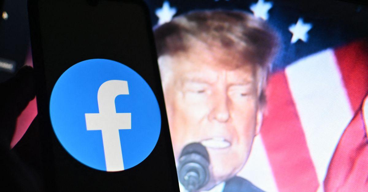 The Facebook logo with an image of Donald Trump behind it. 