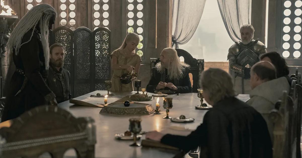 Steve Toussaint as Lord Corlys Velaryon, Rhys Ifans as Ser Otto Hightower, Milly, Alcock as young Princess Rhaenyra Targaryen, and Paddy Considine as Viserys in Season 1 of 'House of the Dragon'.