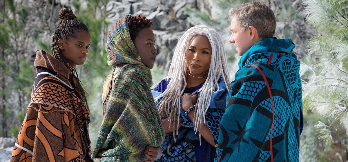 Letitia Wright, Lypita Nyong'o, Angela Bassett and Martin Freeman in 'Black Panther'