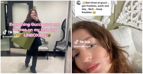 A woman on TikTok sharing videos about getting free items from Gucci and being fired