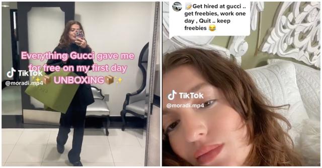 A woman on TikTok sharing videos about getting free items from Gucci and being fired