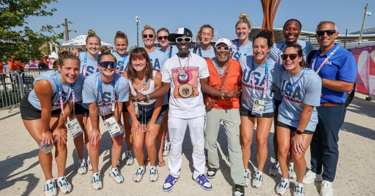 (l-r): Members of the U.S. Women's Water Polo team. Flavor Flav, and Spike Lee.