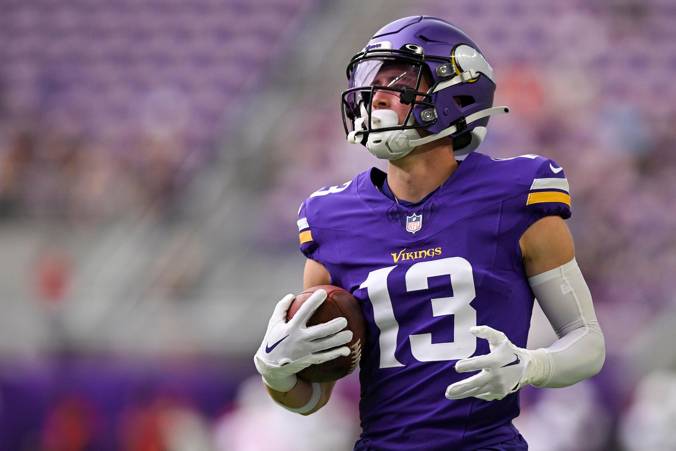 Minnesota Vikings Wide Receiver Blake Proehl (13) warms up before a pre-season NFL game between the Minnesota Vikings and Arizona Cardinals on August 26, 2023,