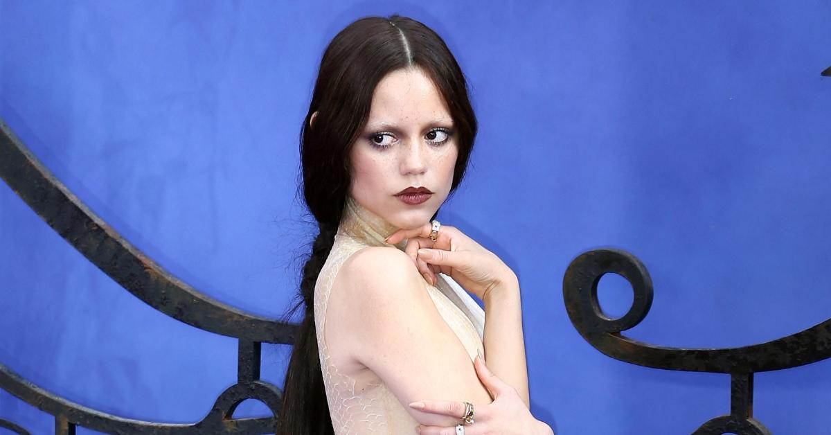Jenna Ortega sporting bleached eyebrows at the premiere in London for 'Wednesday' Season 2.