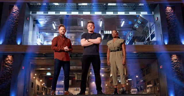Richard Blais, Producer Gordon Ramsay and Nyesha Arrington pose next to the 'Next Level Chef' platform.
