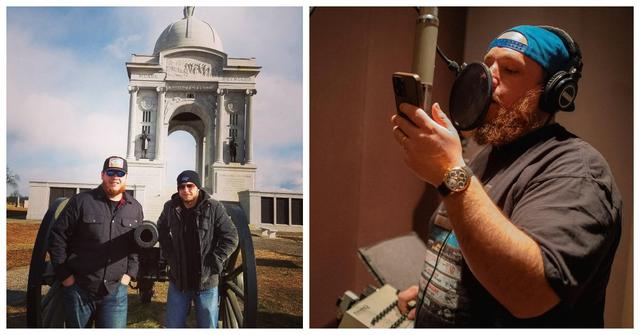 Luke with a friend and Luke in the studio