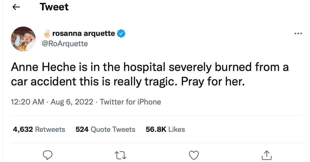 A tweet about Anne Heche's accident