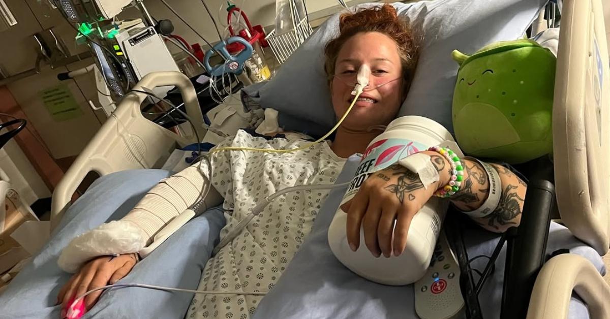 Rae in her hospital bed after her accident.