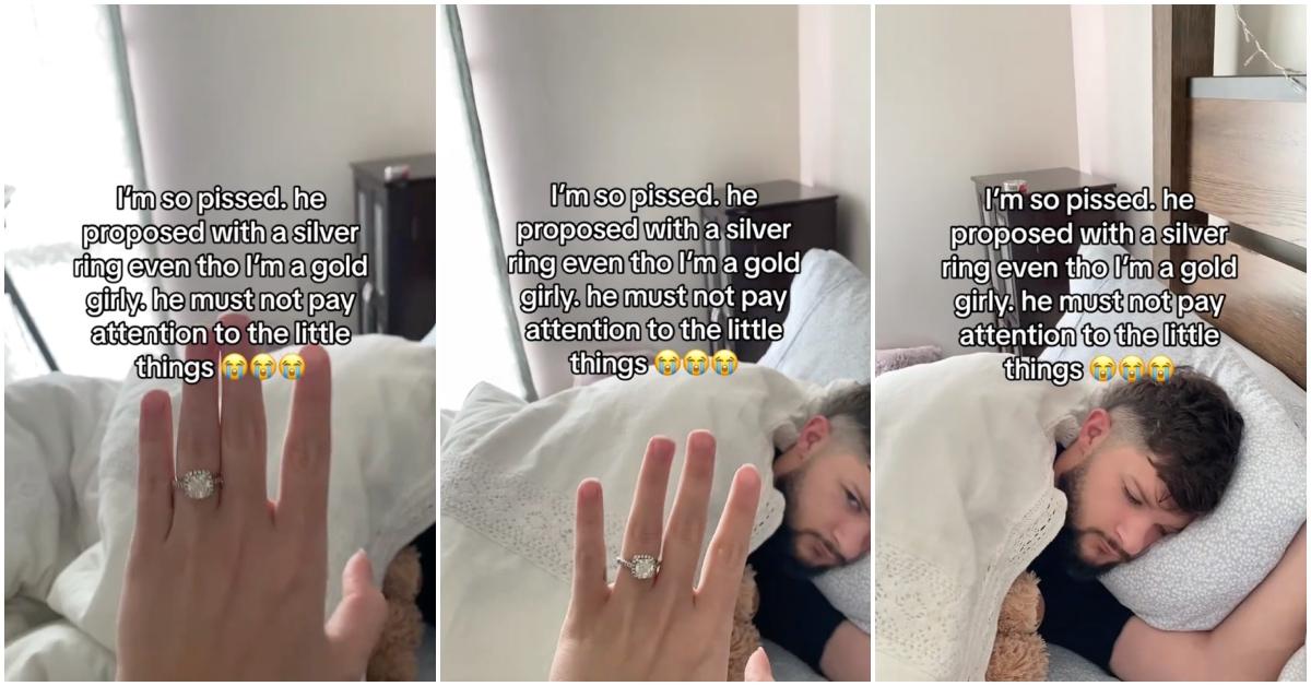 Viral video of woman complaining that her fiancé bought her a silver engagement ring instead of a gold one.