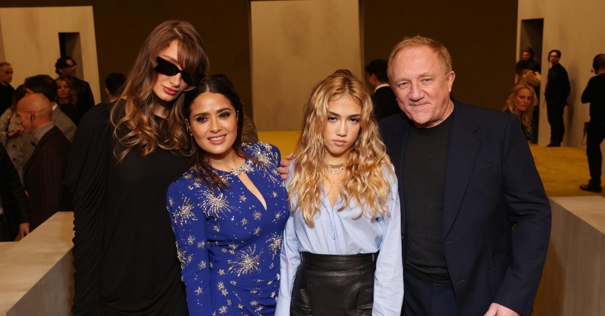 Mathilde Pinault, Salma Hayek, Valentina Paloma Pinault and Francois Pinault are seen at the Gucci show during Milan Fashion Week Fall/Winter 2023/24 on February 24, 2023 in Milan, Italy. (Photo by Victor Boyko/Getty Images for Gucci)