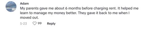 Comment on parents' viral post that details how they charge their daughter rent for living at home.