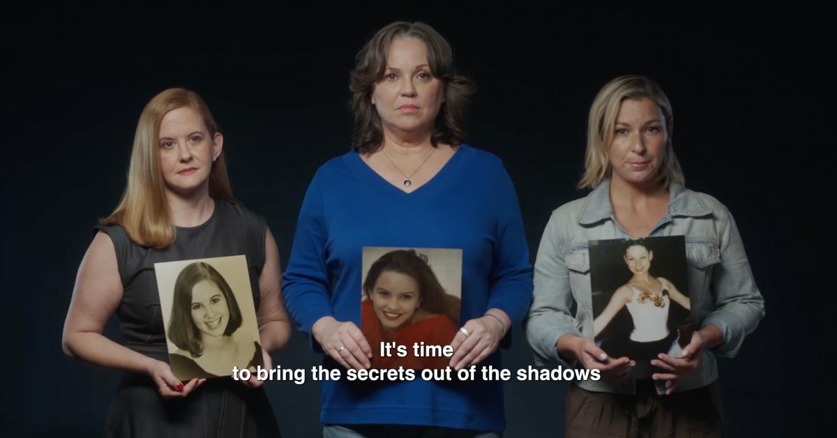 Three survivors of Jeffrey Epstein hold up photos of their younger selves