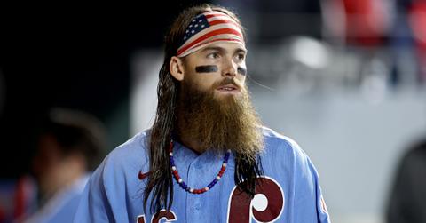 Brandon Marsh rocks wet hair during the Phillies-Braves game on Oct. 12, 2023.