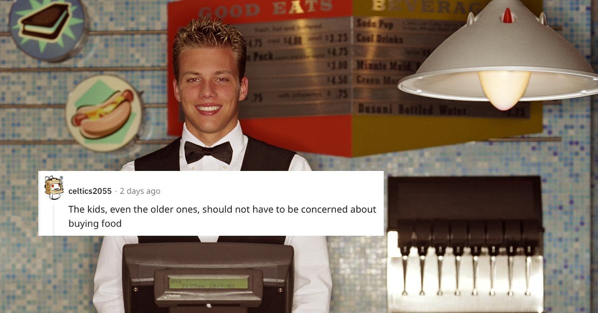 A teenage boy works at a movie theater concession stand.