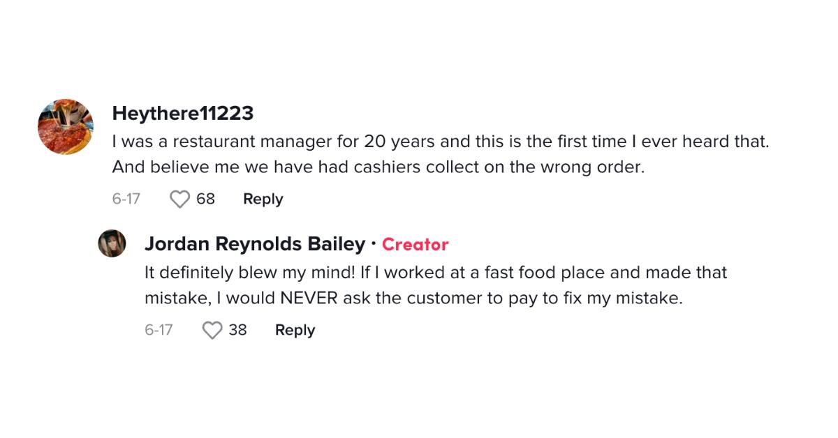 tiktok comment about mcdonald's employee making woman pay for other car's food