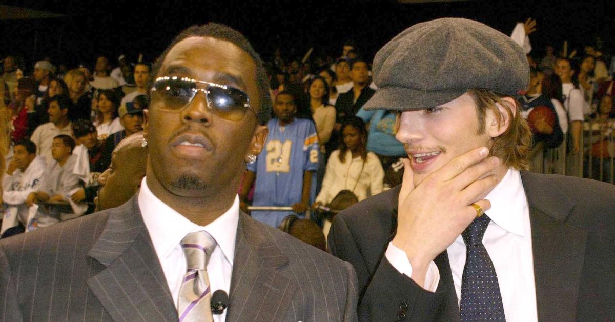 (l-r): Diddy and Ashton Kutcher at the 2004 NBA All-Star Celebrity Basketball Game in the Los Angeles Convention Center