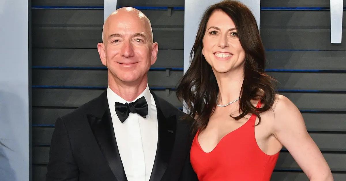 Jeff Bezos in a black tuxedo and MacKenzie Scott in a red dress.