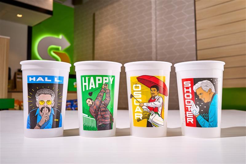 Subway's Happy Gilmore cups featuring Hal L., Happy, Oscar, and Shooter.