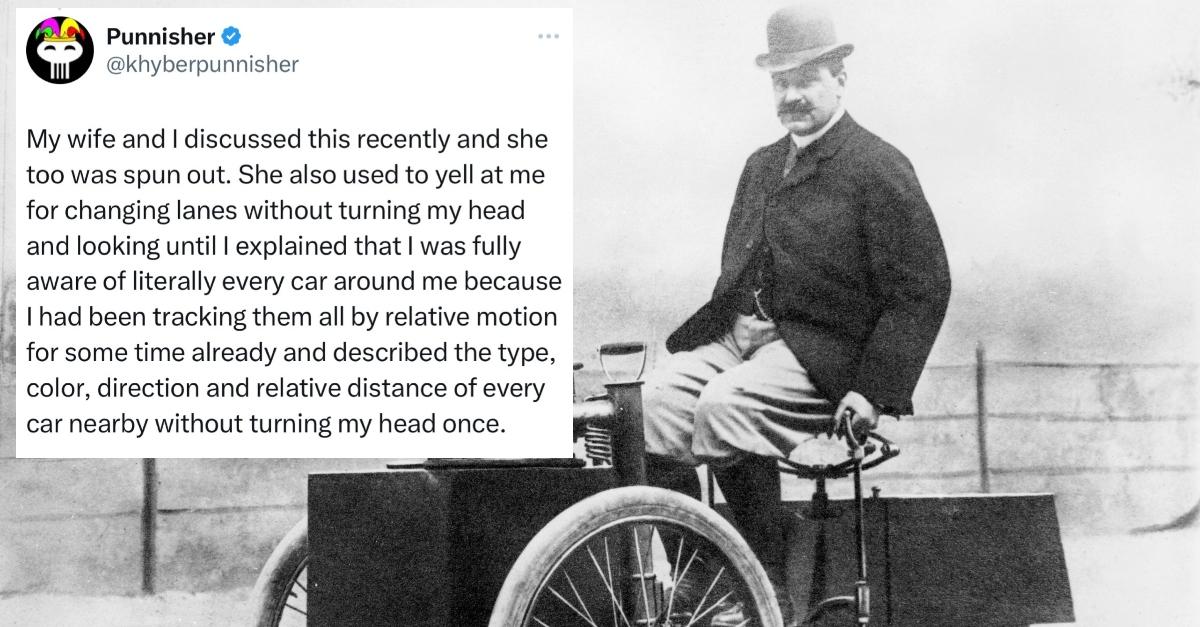 A man on a team tricycle in 1888 and a quote about a man being "hyper-aware"