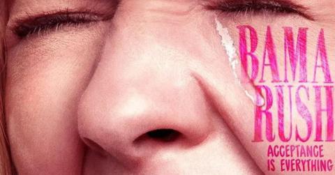 A close up of the 'Bama Rush' documentary movie poster, featuring a young woman crying