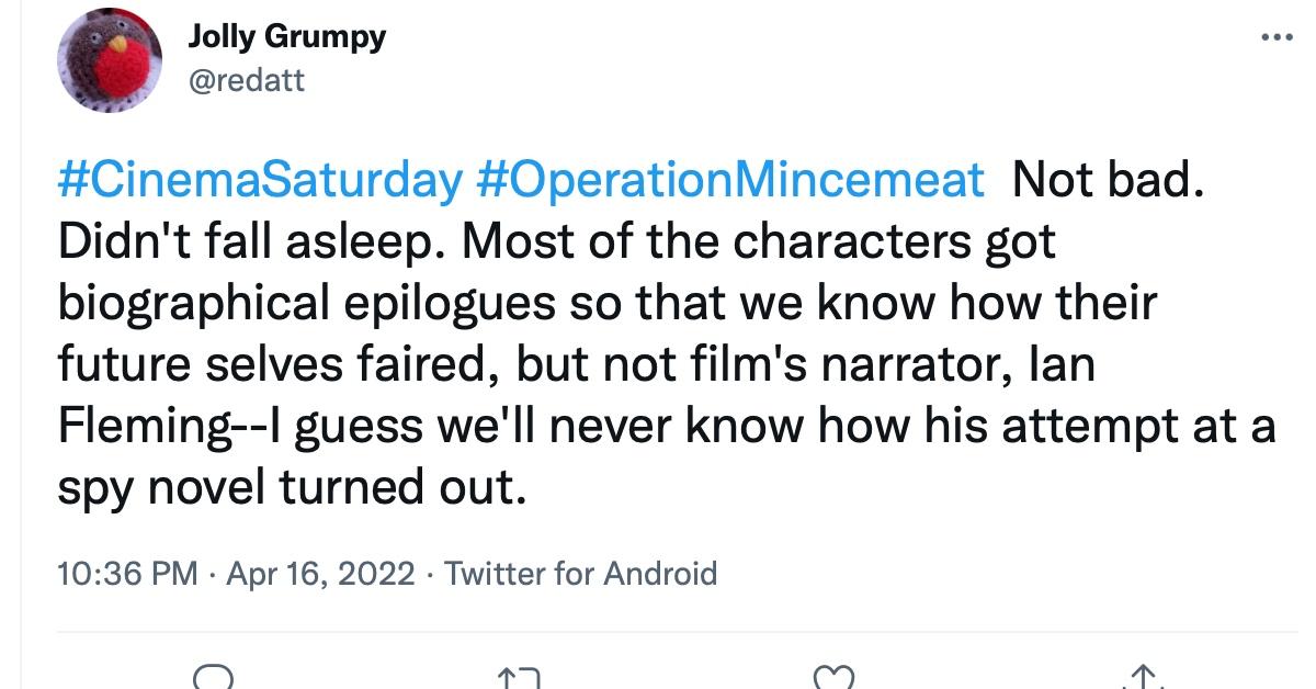 A tweet about the narrator of 'Operation Mincemeat' 