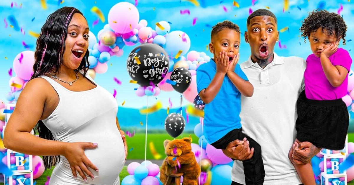 Jaliyah, FunnyMike, and their two kids look surprised at cartoon gender reveal.