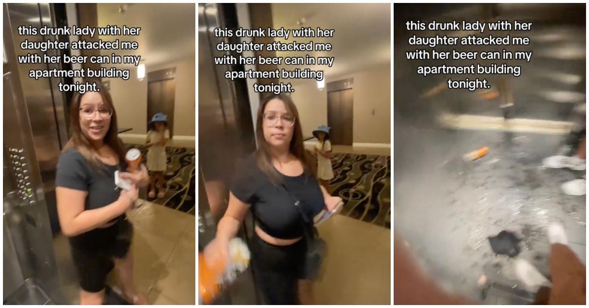 A woman attacks a man with a beer can in an elevator