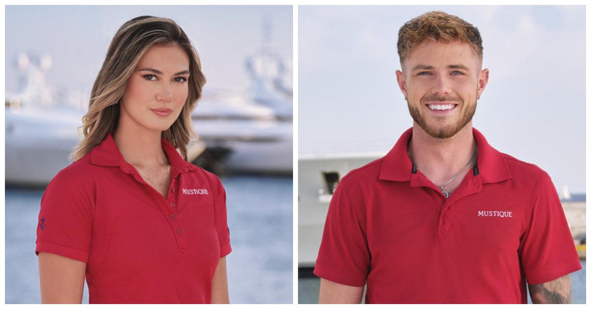 Gael Cameron and Nathan Gallagher sport red polos in their official 'Below Deck Med' Season 9 portraits.