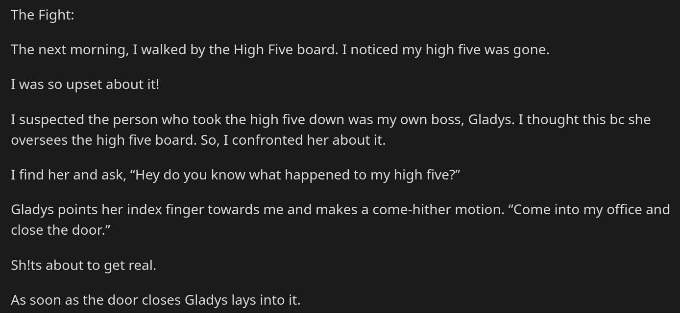 boss takes down high five note