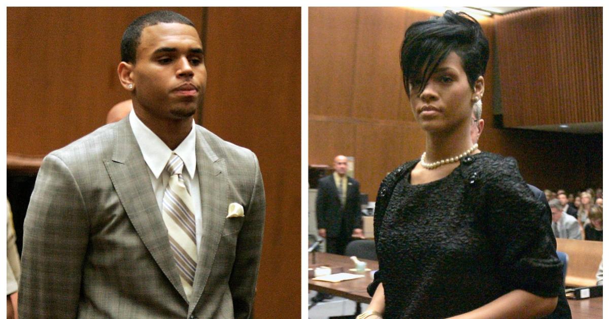 (L-R): Chris Brown in court; Rihanna in court