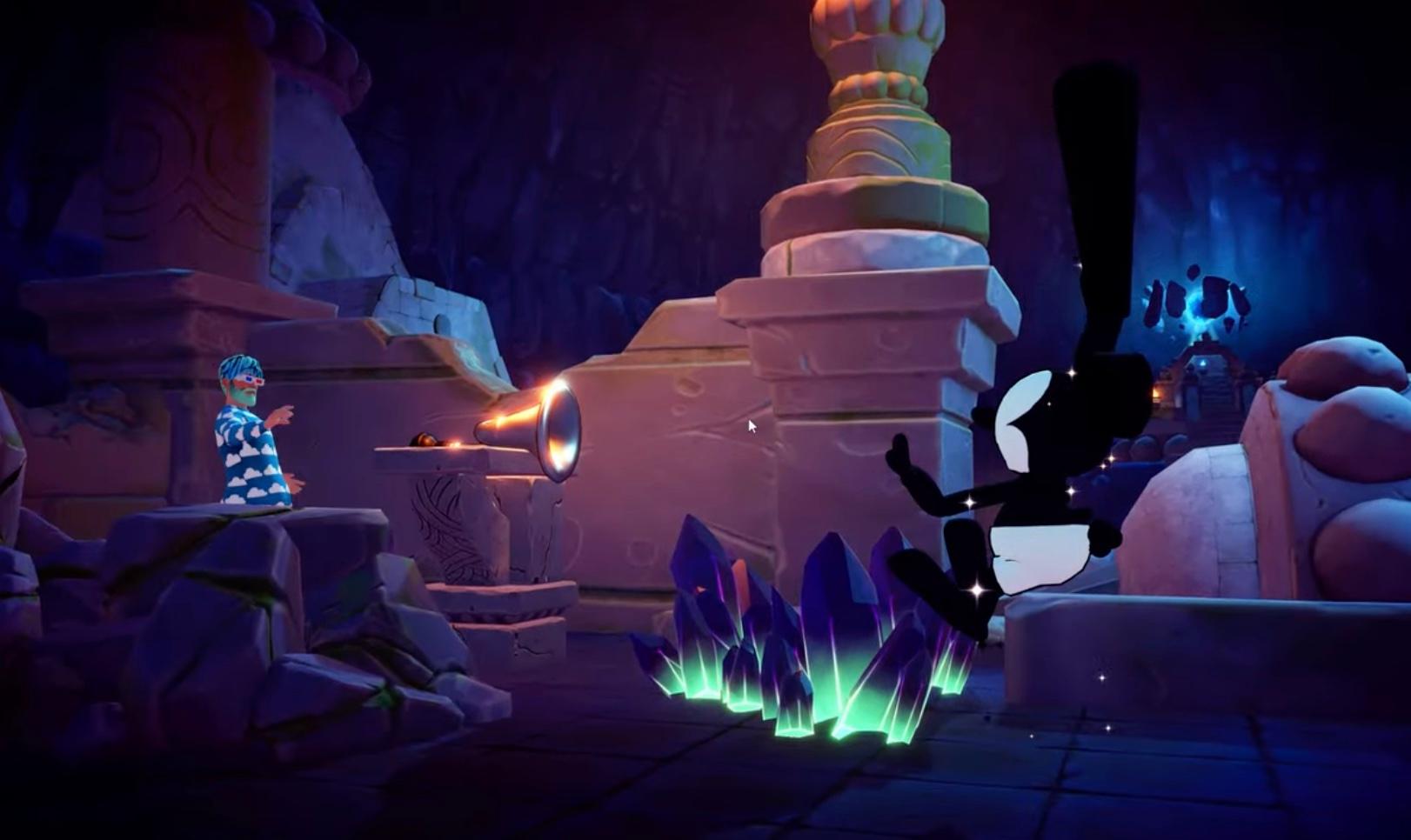 A player blowing the horn at Oswald in 'Disney Dreamlight Valley'