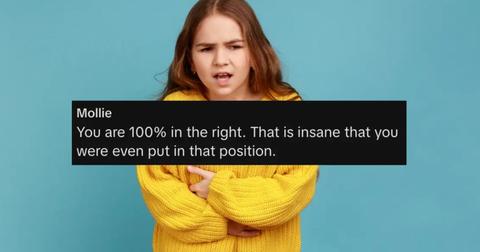 A child looking uncomfortable and a quote about the woman fake tickling a toddler