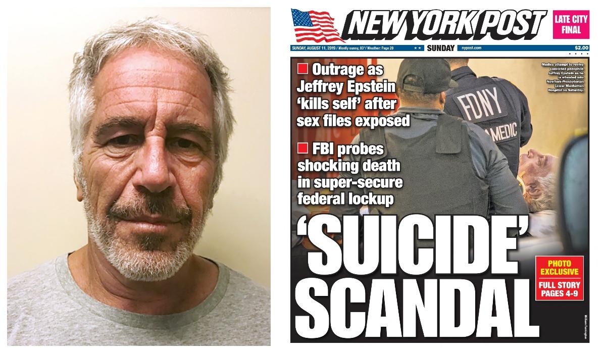 (L-R): Jeffrey Epstein; Front page of the New York Post