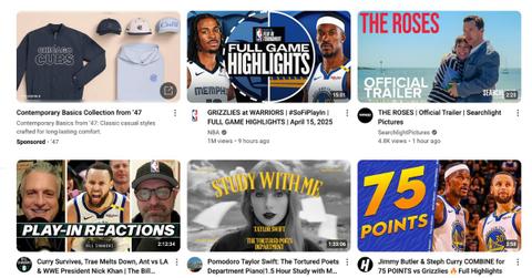 Thumbnails on the YouTube homepage.