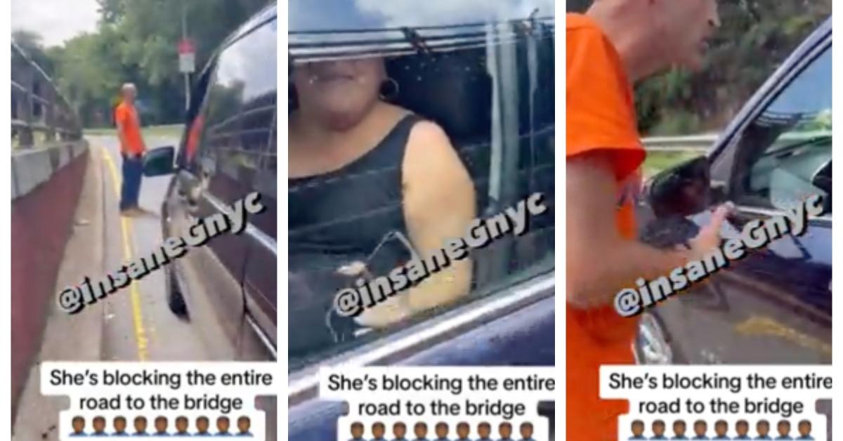 woman blocks traffic to bridge over fender bender