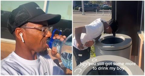 (l-r): A man drinking and throwing up a gallon of water