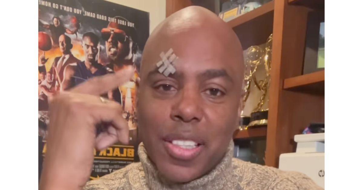 Kevin Frazier explaining what happened to his head. 