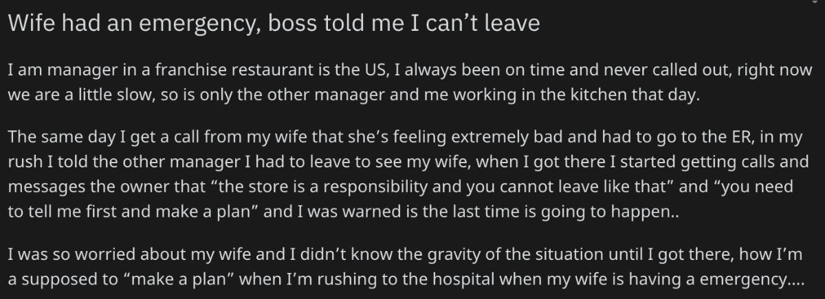 Reddit post about boss not letting employee leave when wife is in hospital