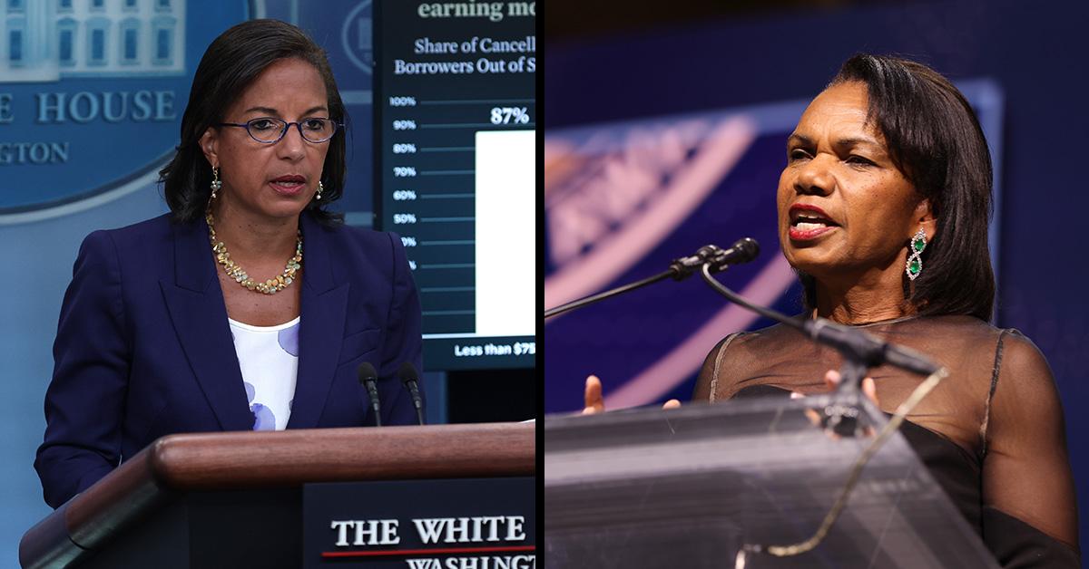 Susan Rice and Condaleezza Rice speaking at separate podiums. 