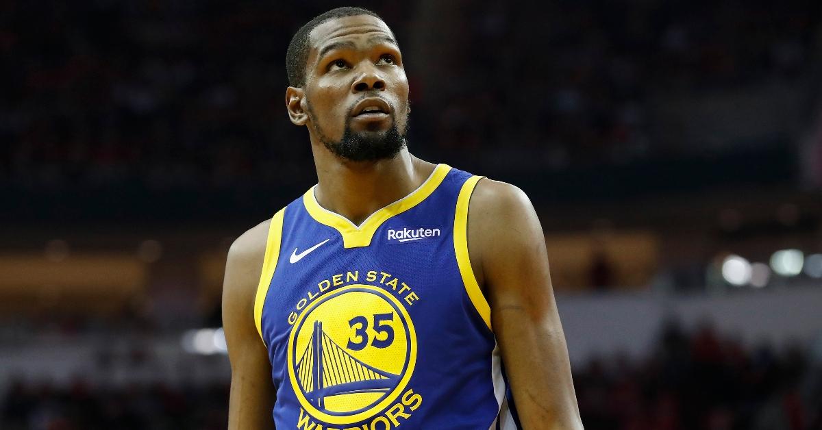 HOUSTON, TX - MAY 04: Kevin Durant #35 of the Golden State Warriors looks toward the scoreboard in the second quarter during Game Three of the Second Round of the 2019 NBA Western Conference Playoffs against the Houston Rockets at Toyota Center on May 4, 2019 in Houston, Texas. (Photo by Tim Warner/Getty Images)