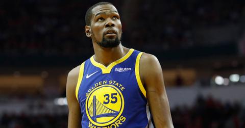 HOUSTON, TX - MAY 04: Kevin Durant #35 of the Golden State Warriors looks toward the scoreboard in the second quarter during Game Three of the Second Round of the 2019 NBA Western Conference Playoffs against the Houston Rockets at Toyota Center on May 4, 2019 in Houston, Texas. (Photo by Tim Warner/Getty Images)