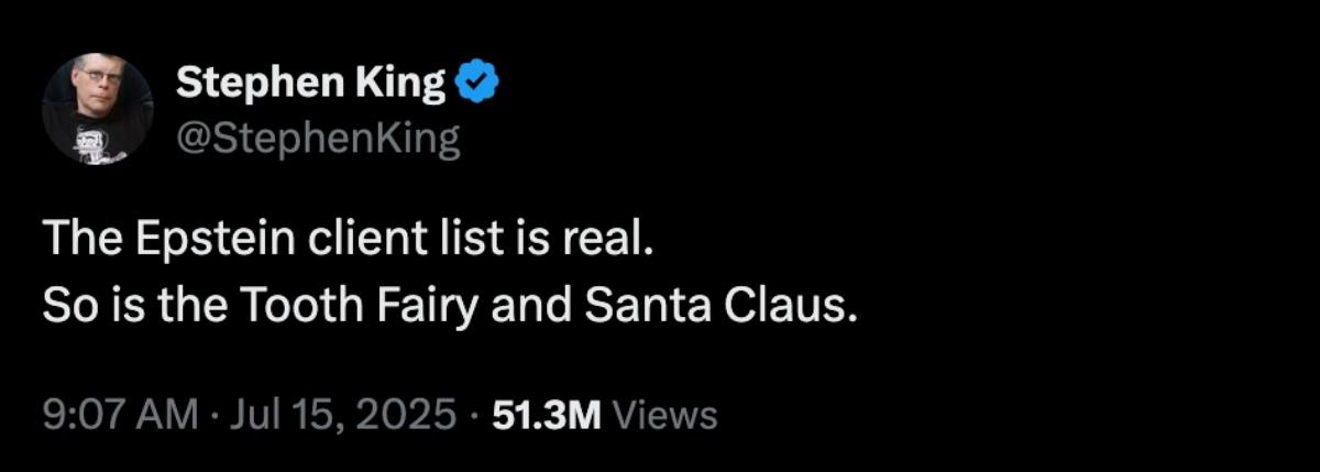Post to X from Stephen King about Jeffrey Epstein client list