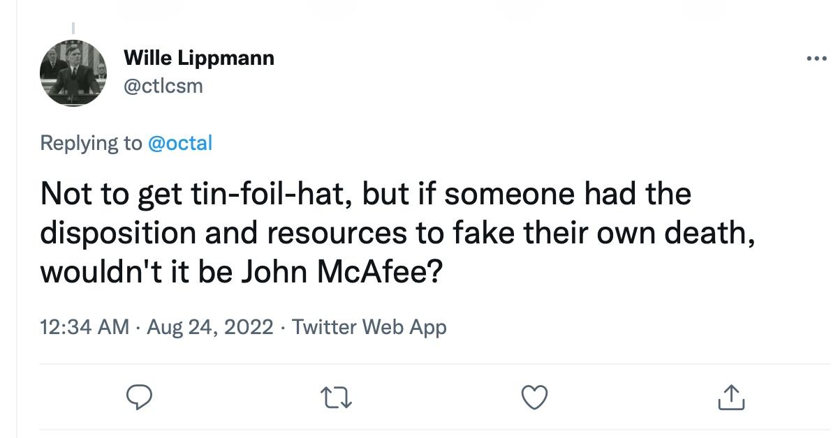 A tweet about John McAfee's death 