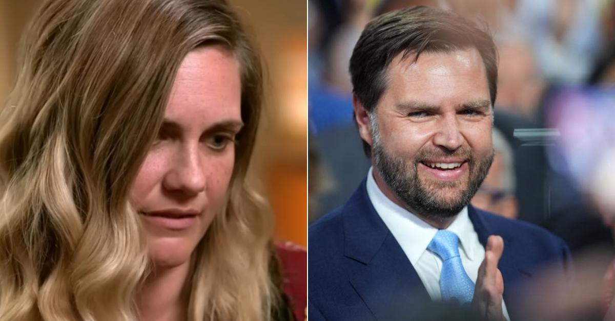 Lindsay Vance giving an interview, JD Vance applauding while wearing a blue suit.